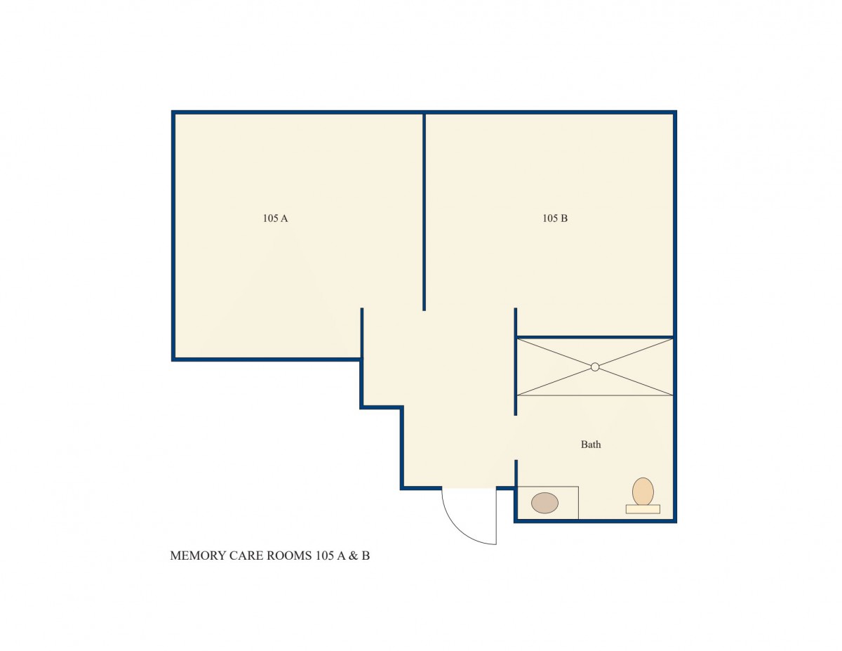 A simple floor plan with labeled rooms and bathroom.