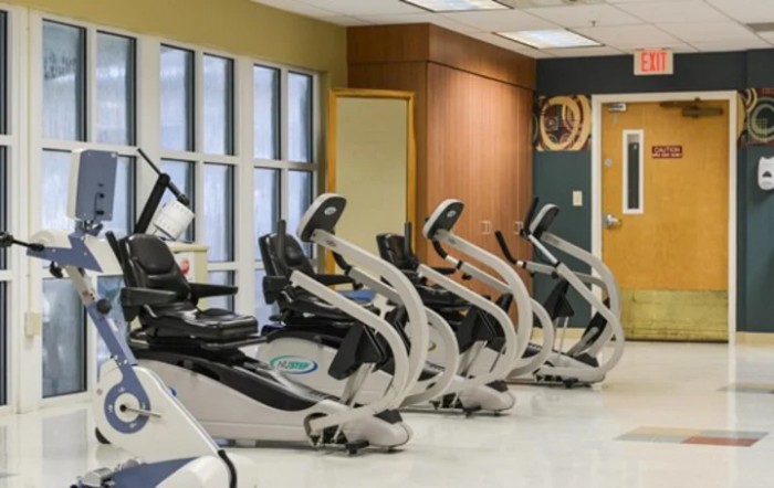A row of exercise bikes in a modern gym setting.