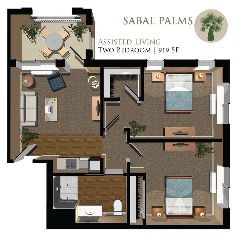 A detailed floor plan of a three-bedroom apartment at Sabal Palms.