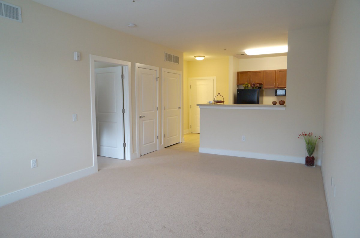 A spacious, empty apartment with an open floor plan and a view of the kitchen area.