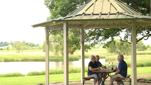 A group of friends enjoying a peaceful moment together under a gazebo by the water.