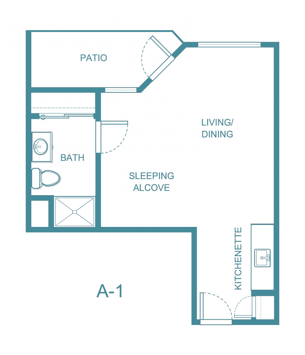 Floor plan of a studio apartment labeled as A-1, featuring a sleeping alcove, living/dining area, kitchen, bathroom, and patio.