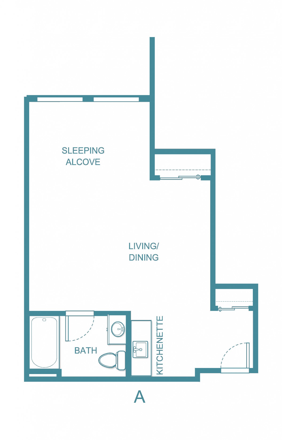 Studio apartment floor plan with sleeping alcove.