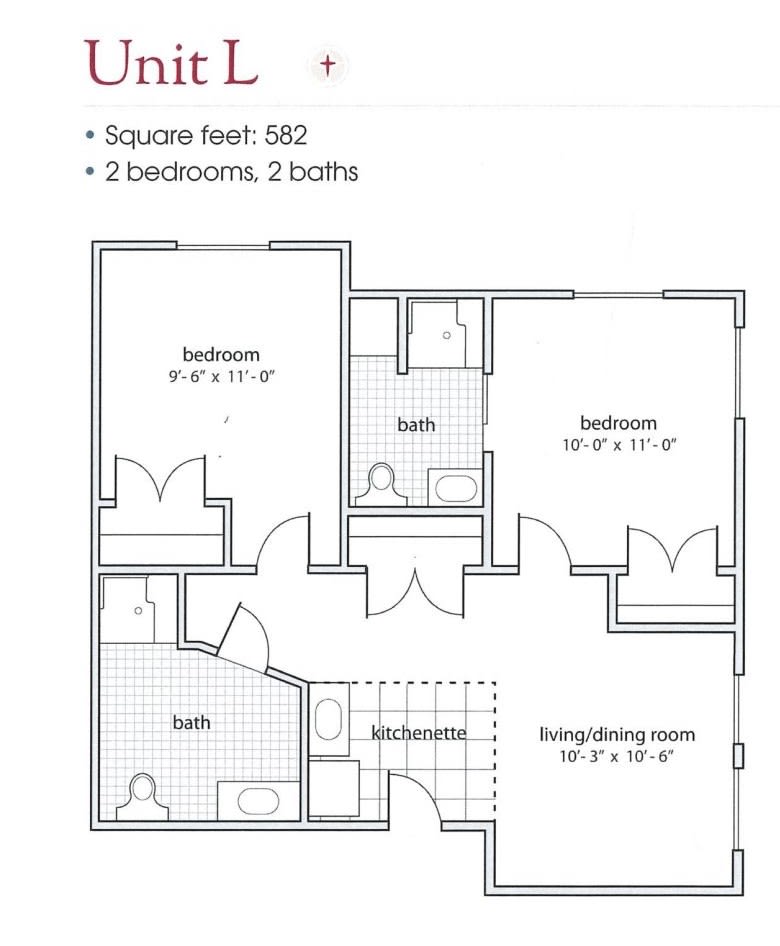 Floor plan of a 982 square feet apartment with 2 bedrooms and 2 bathrooms.
