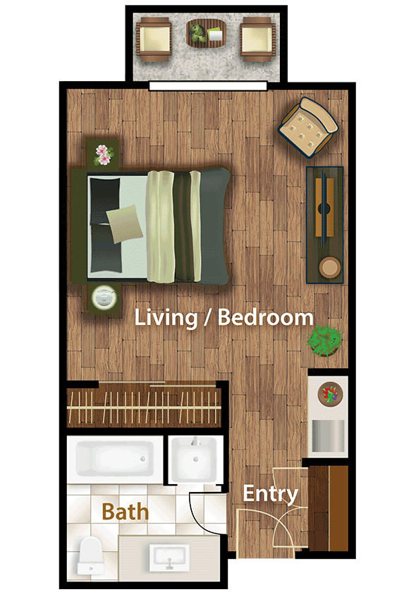A floor plan of a studio apartment with a combined living and bedroom area, entryway, and bathroom.