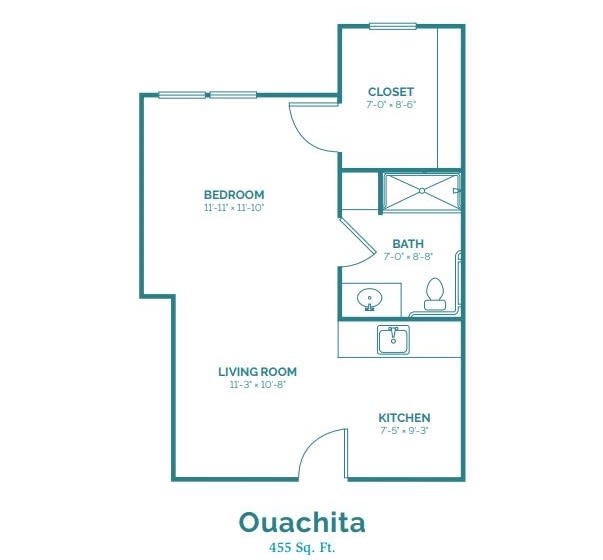 Floor plan of a one-bedroom apartment named 'Ouachita'.