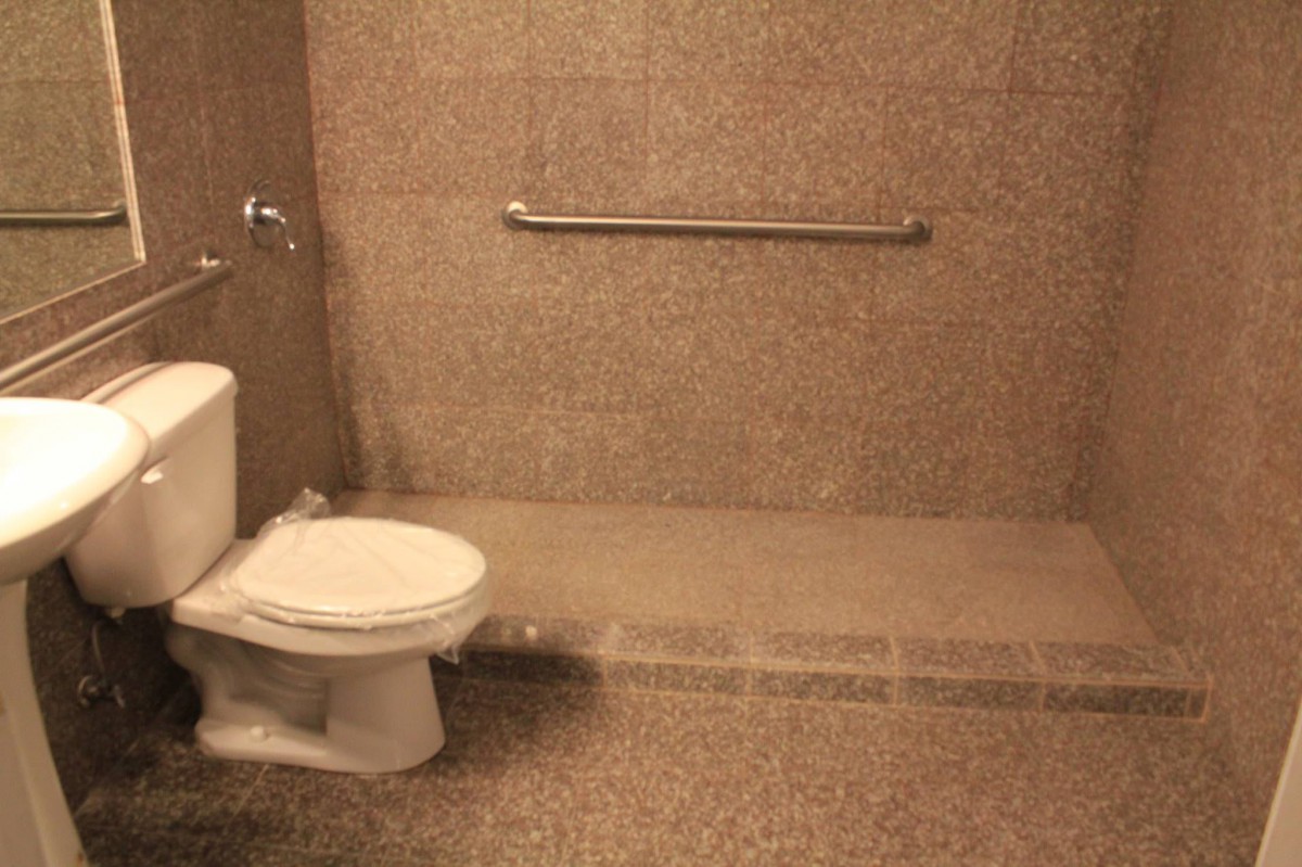 An accessible bathroom featuring a toilet, shower area, and handrail.