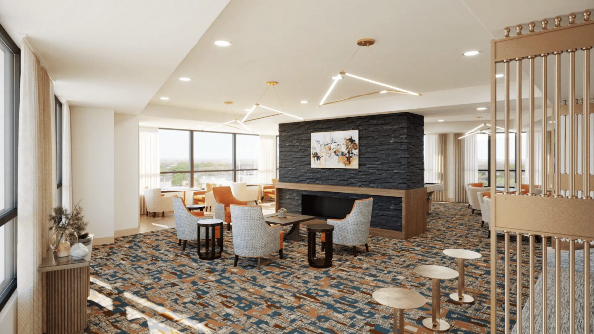 A modern hotel lobby with comfortable seating and contemporary design elements.
