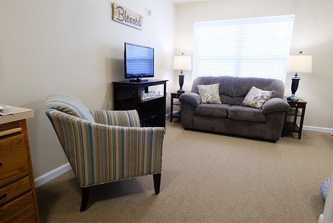 A cozy living room with a sofa, armchair, and television.