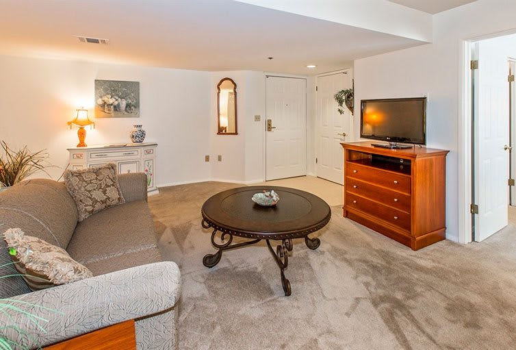 A cozy living room with comfortable seating, a TV on a wooden stand, and a stylish coffee table in the center.