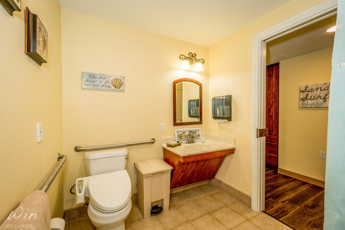 A clean, accessible bathroom with handrails, featuring a toilet, sink, and mirror.