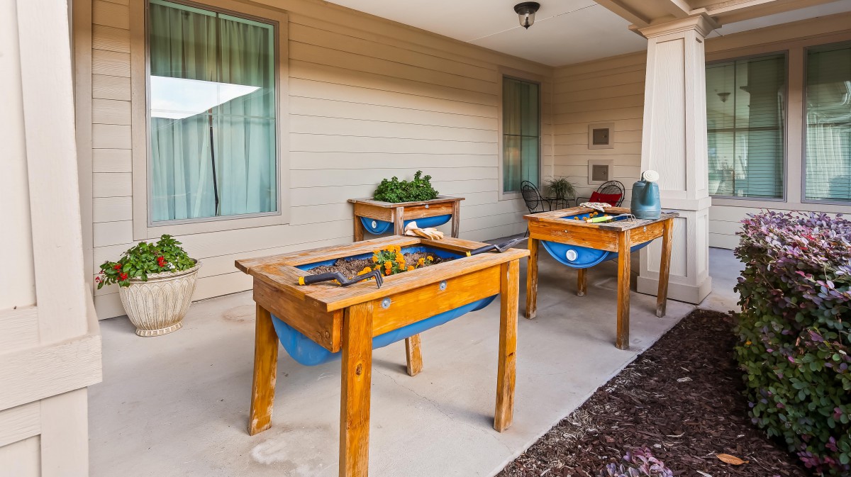 Wooden raised garden beds on a patio with greenery.