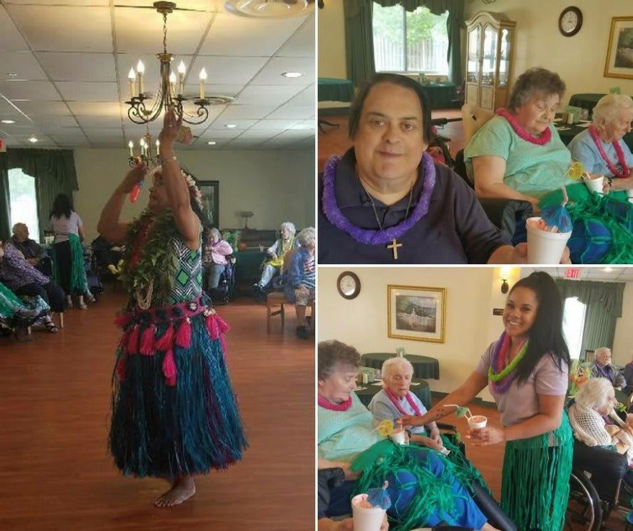 A joyful gathering featuring people enjoying hula dancing and traditional Hawaiian attire.