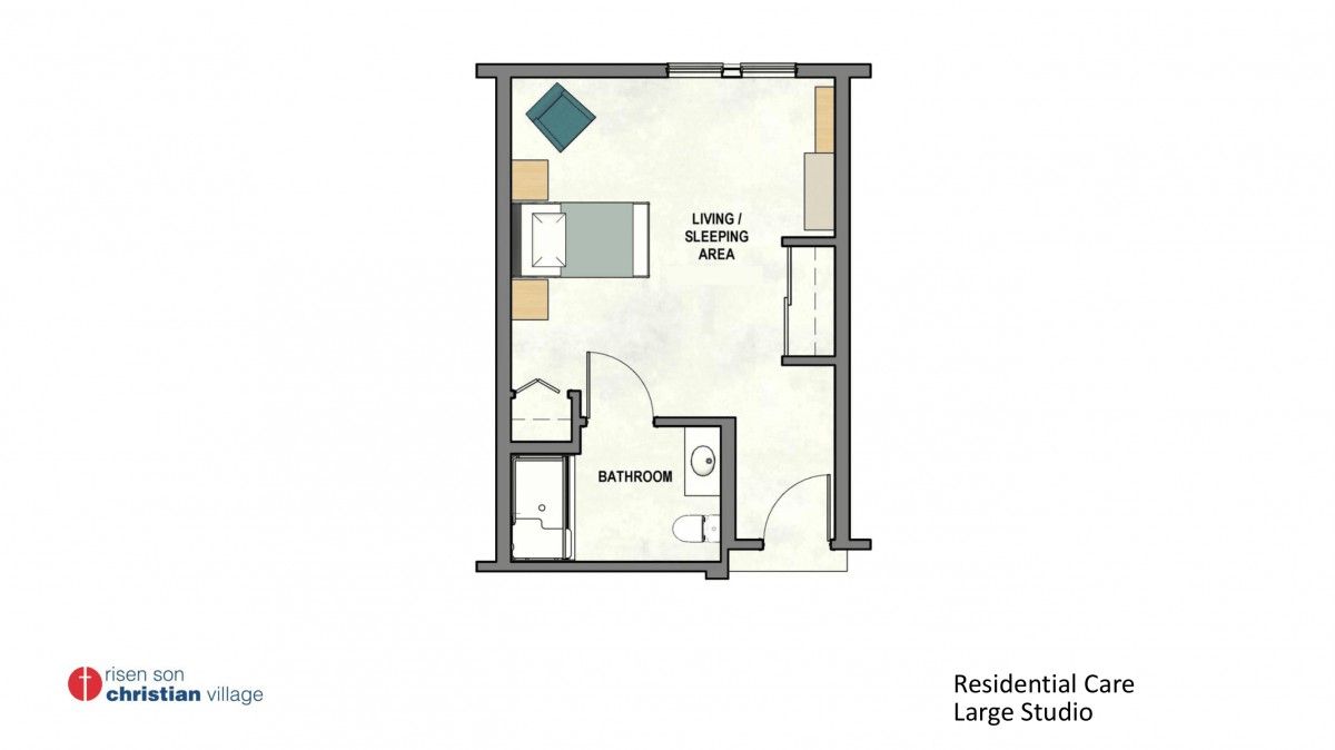 This image shows a floor plan for a studio apartment, featuring a living and sleeping area, as well as a bathroom.