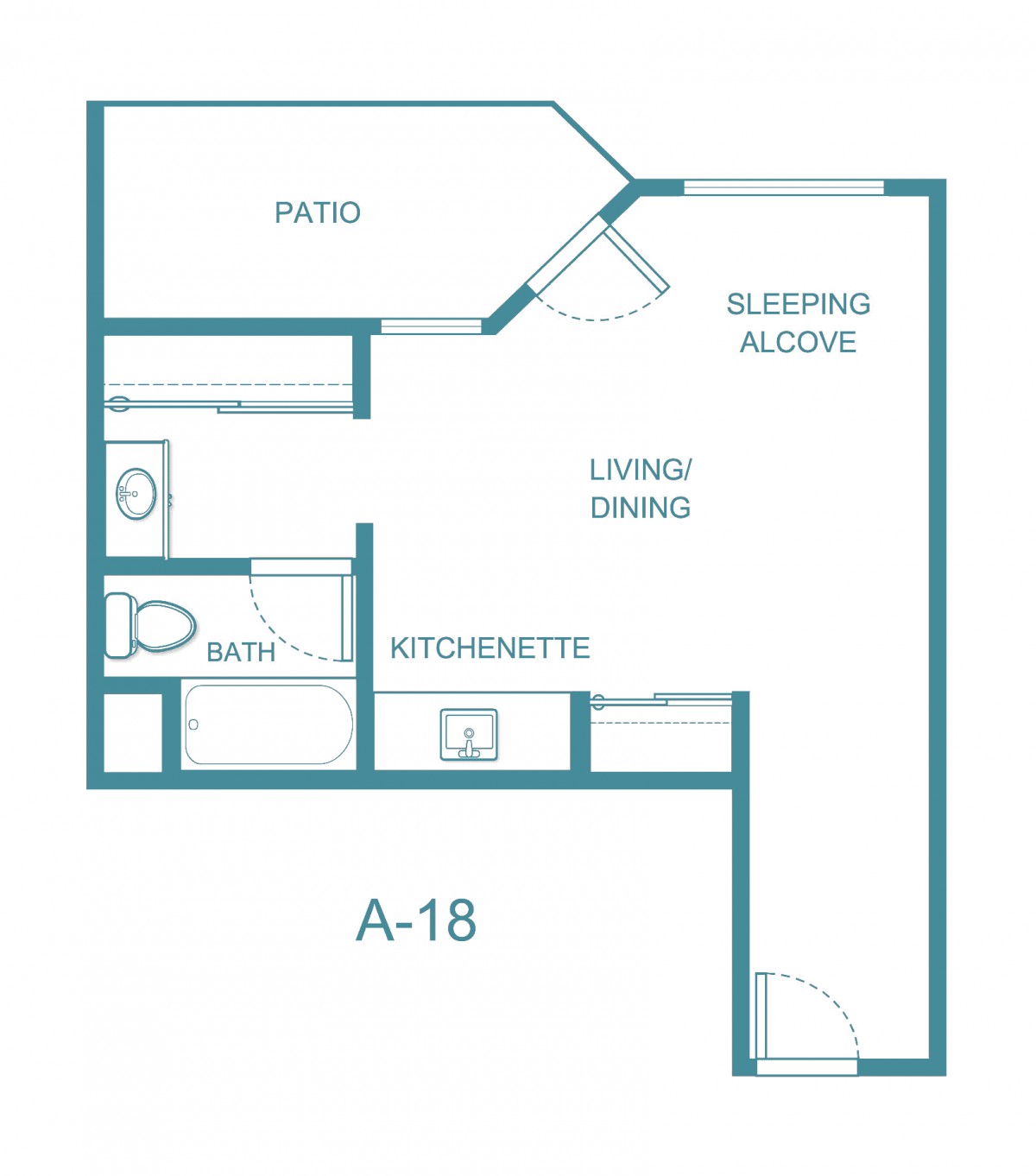 Floor plan of a studio apartment with a kitchenette, bathroom, and sleeping alcove.