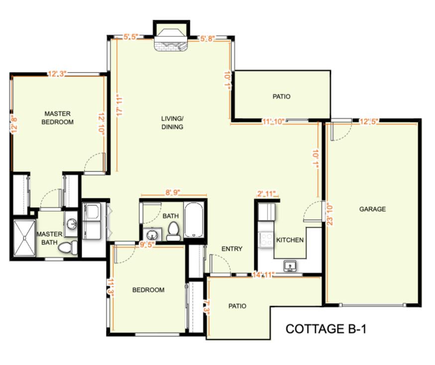 A detailed floor plan of a cottage named B-1, showing the layout of rooms and spaces.