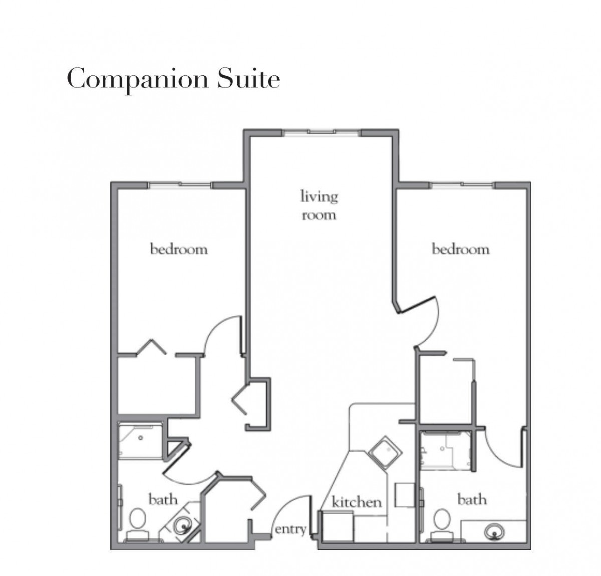 Floor plan of a companion suite featuring two bedrooms, a living room, and two bathrooms.