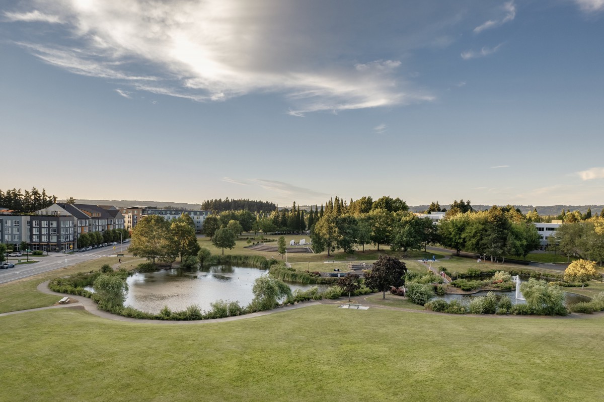 A serene landscape featuring a pond surrounded by trees and grass under a partly cloudy sky.