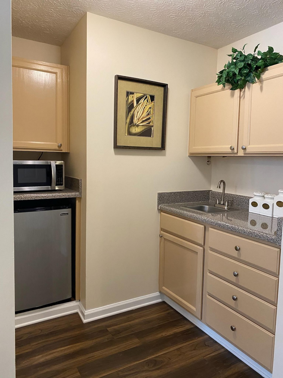 A small kitchenette with cabinets, a countertop, sink, microwave, and mini fridge.