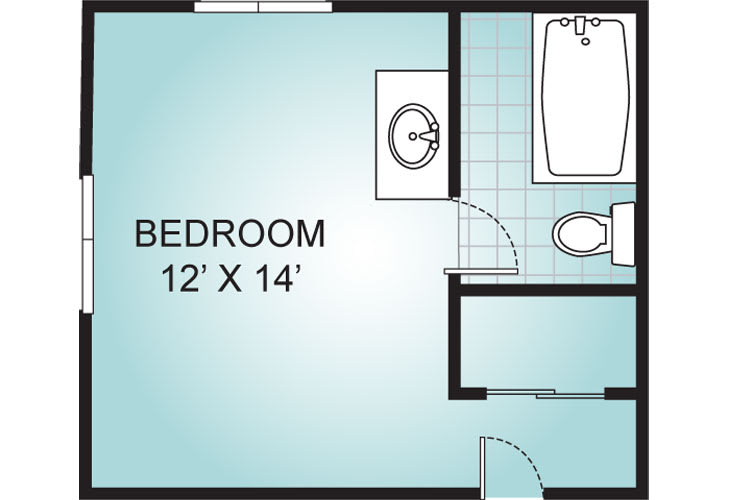 A floor plan of a bedroom connected to a bathroom, showing dimensions and layout.