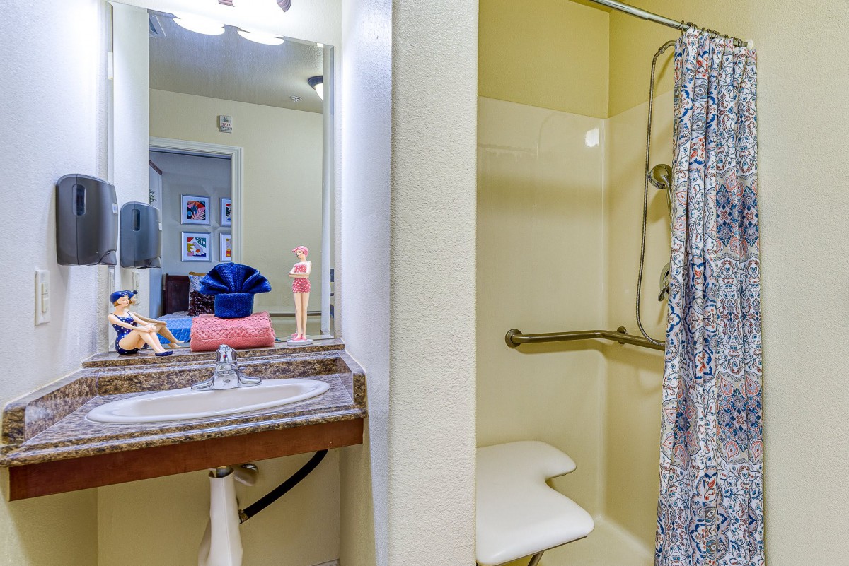 A bathroom featuring a shower with a handrail and seat, complemented by a sink and mirrored vanity.
