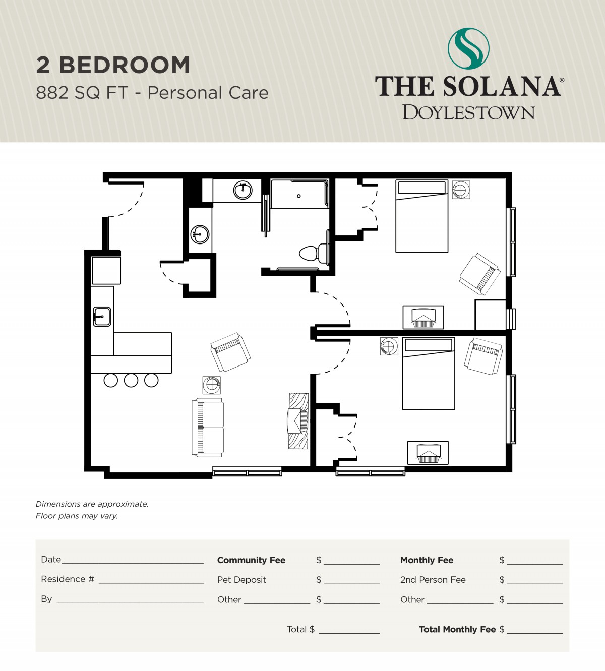 Floor plan of a two-bedroom apartment at The Solana Doylestown.