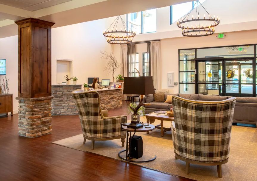 A modern and cozy living room featuring plaid chairs, elegant chandeliers, and abundant natural light.