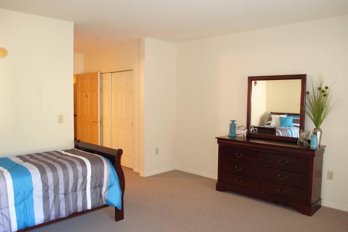 A tidy bedroom featuring a bed, dresser with a mirror, and closet space.