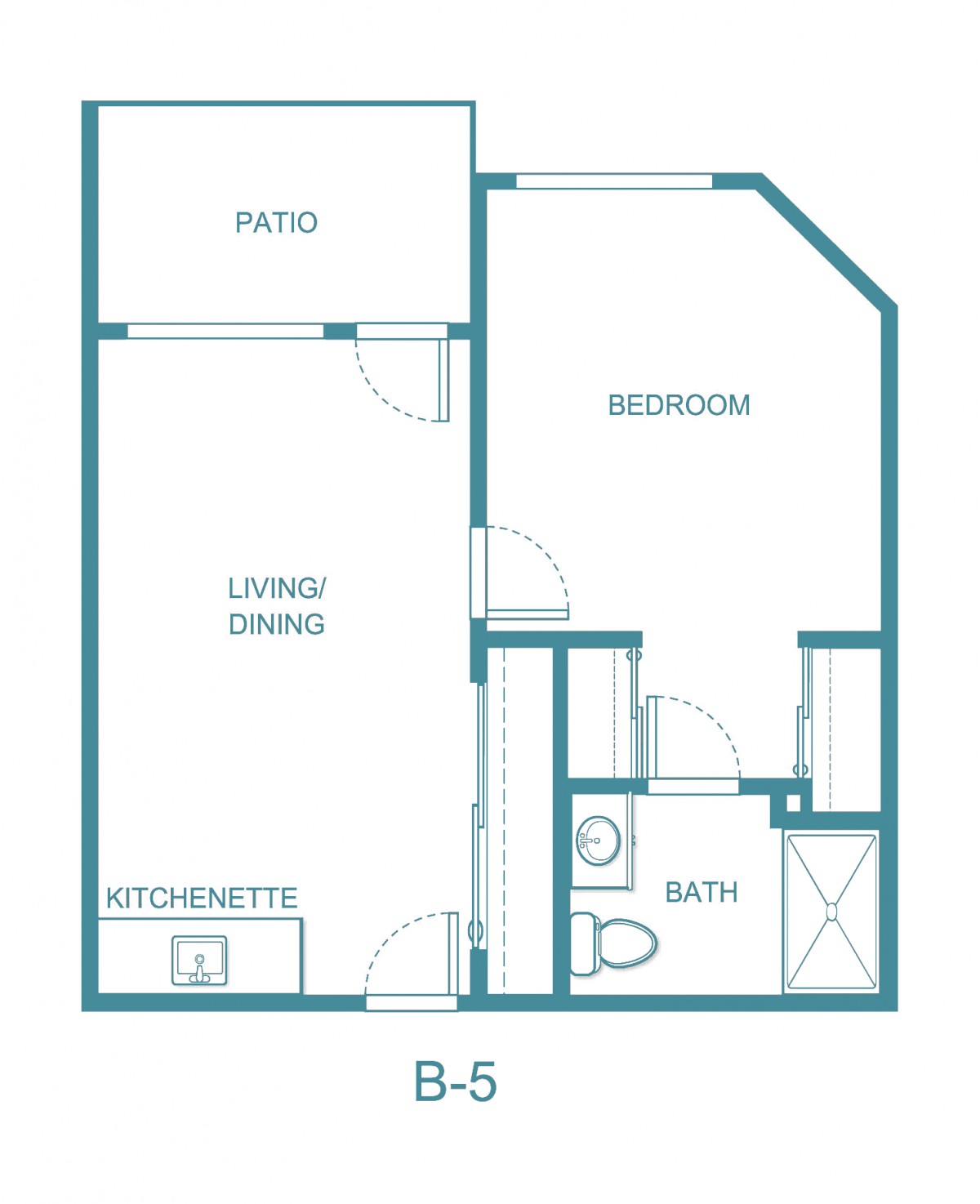 A floor plan of a small apartment with designated areas for living/dining, kitchenette, bedroom, bath, and patio.