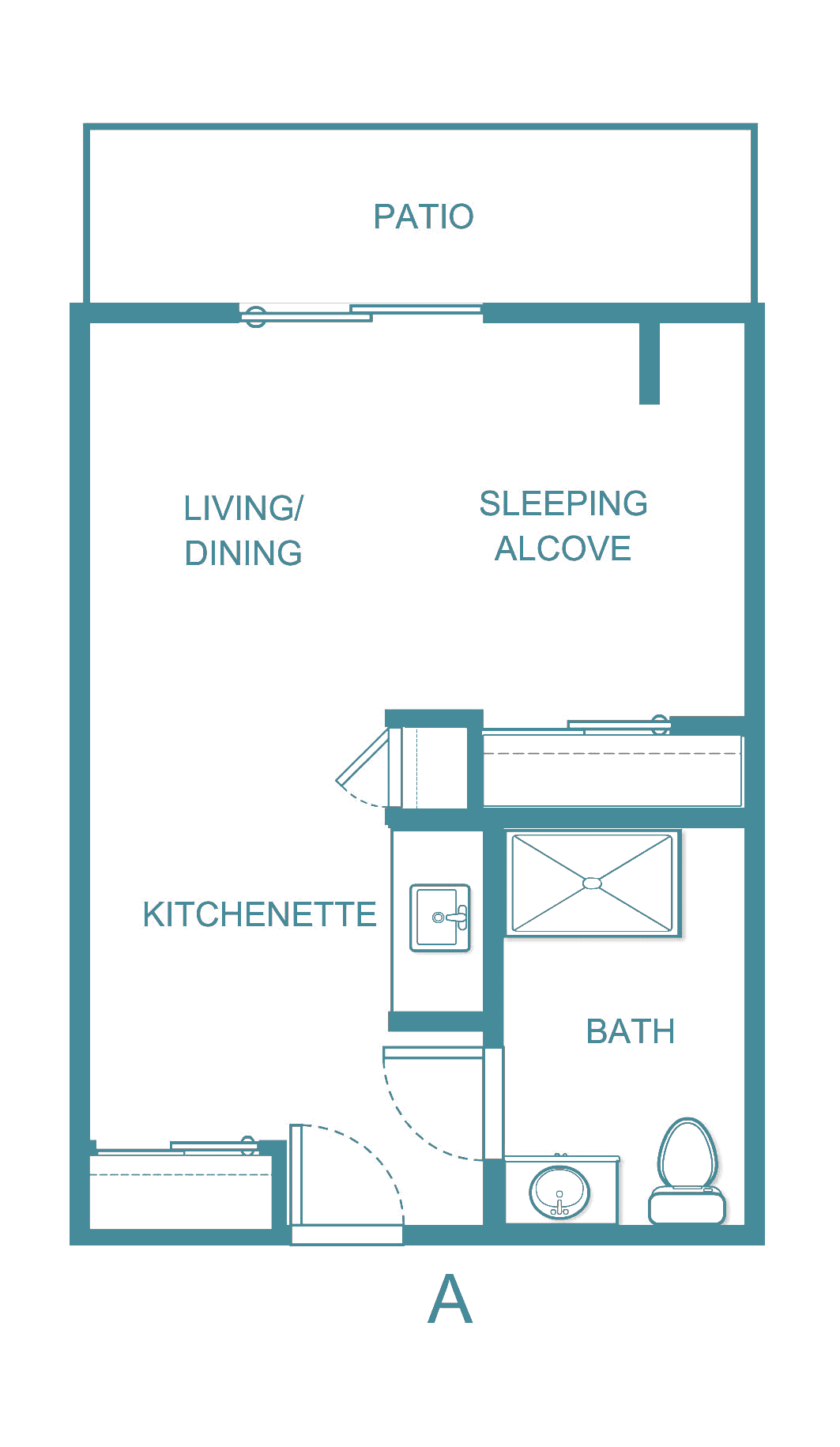 A floor plan layout of a studio apartment featuring a living/dining area, sleeping alcove, kitchenette, and bathroom.