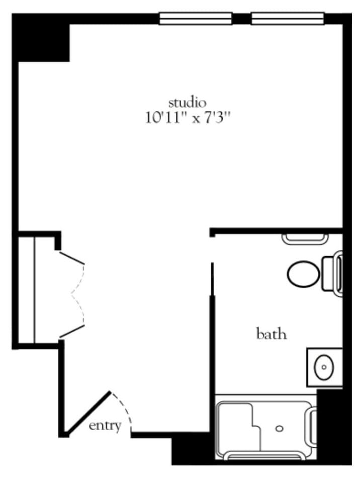 A floor plan of a compact studio apartment with a bathroom.