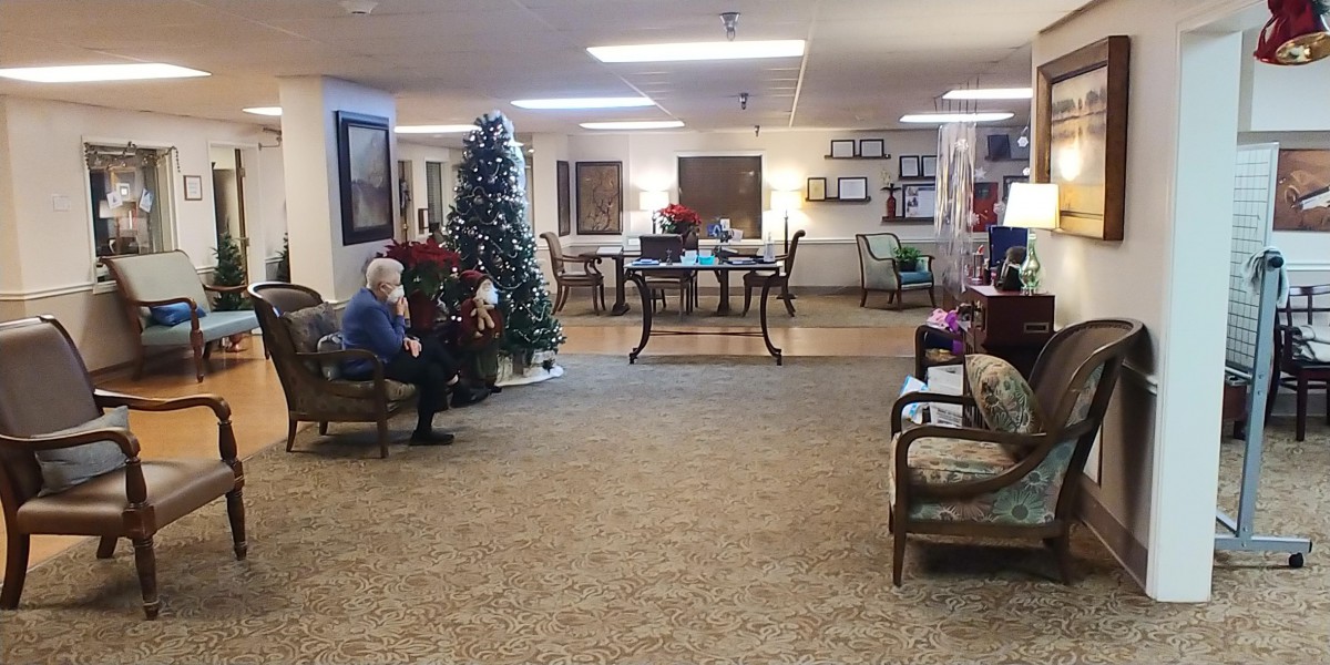 A cozy lobby with a Christmas tree and seating area decorated for the holiday season.