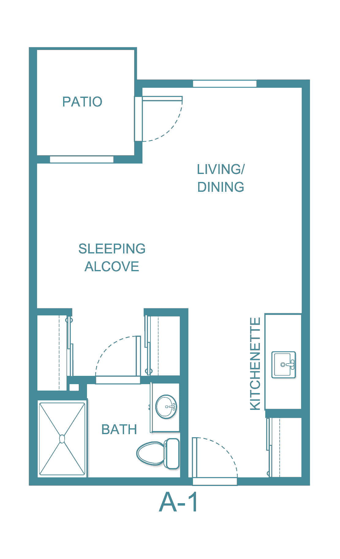 A floor plan of a studio apartment featuring a sleeping alcove, living/dining area, kitchenette, and bathroom.