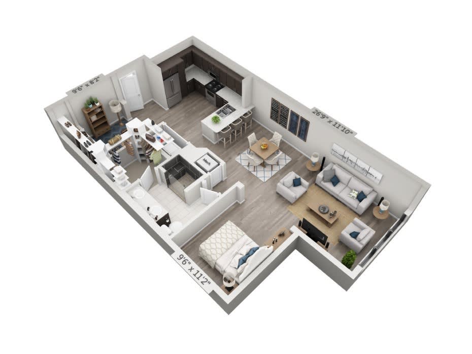 A 3D floor plan of a modern one-bedroom apartment with an open-concept living and kitchen area.