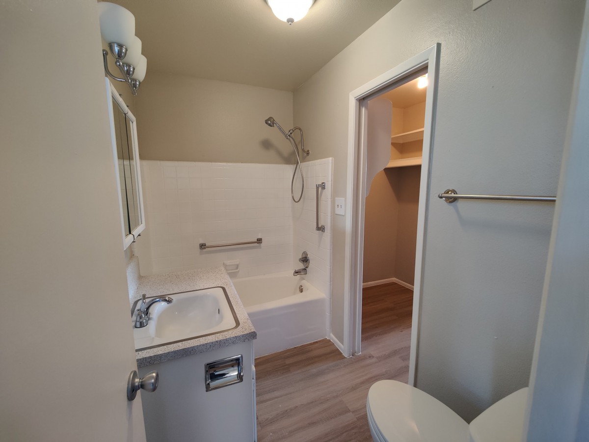 A clean, well-lit bathroom with a bathtub and an adjacent closet.