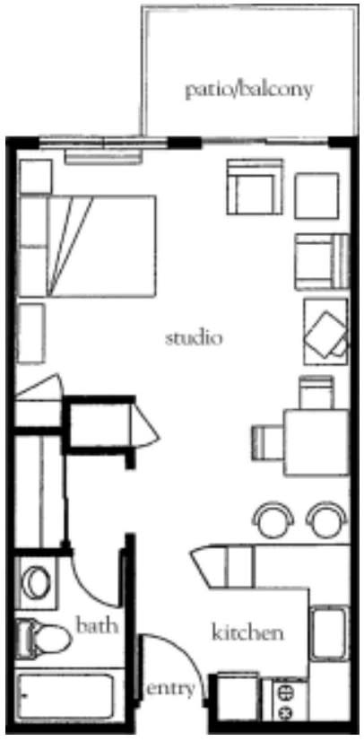 A floor plan of a studio apartment layout.
