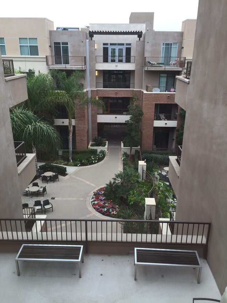 View of a modern apartment courtyard with lush landscaping and palm trees.