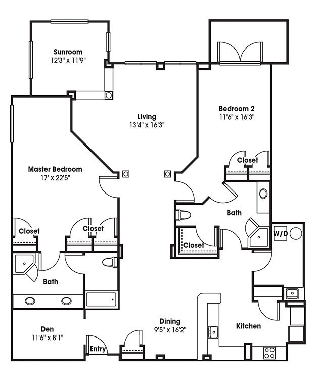 A detailed floor plan of an apartment with multiple rooms and amenities.