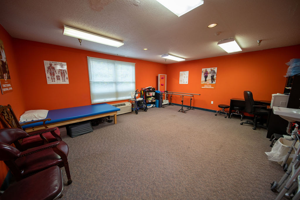 A well-lit physical therapy room with exercise equipment and orange walls.