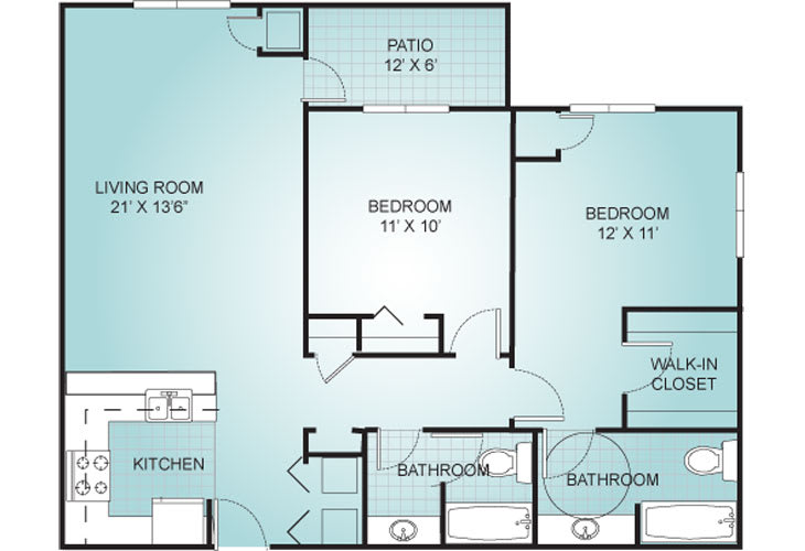 Blueprint of a residential apartment with bedrooms, bathrooms, kitchen, and living room.