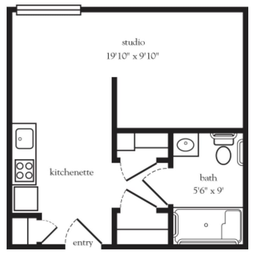 A floor plan layout of a studio apartment with a kitchenette and bath.