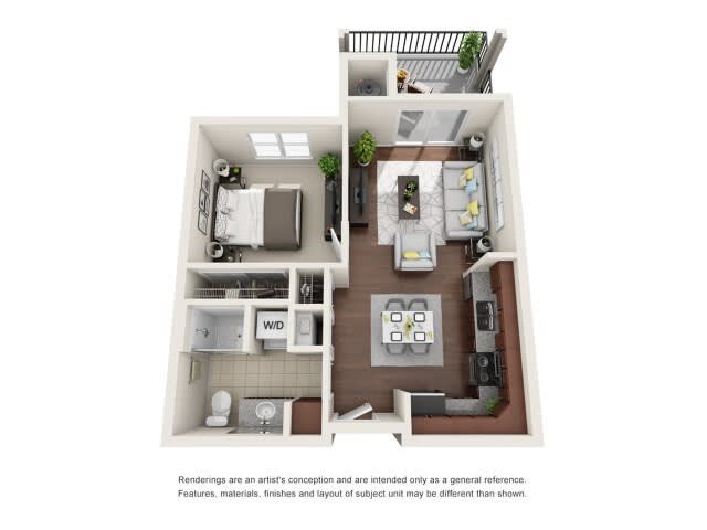 A 3D rendering of a one-bedroom apartment layout, featuring a living room, kitchen, bathroom, and bedroom.