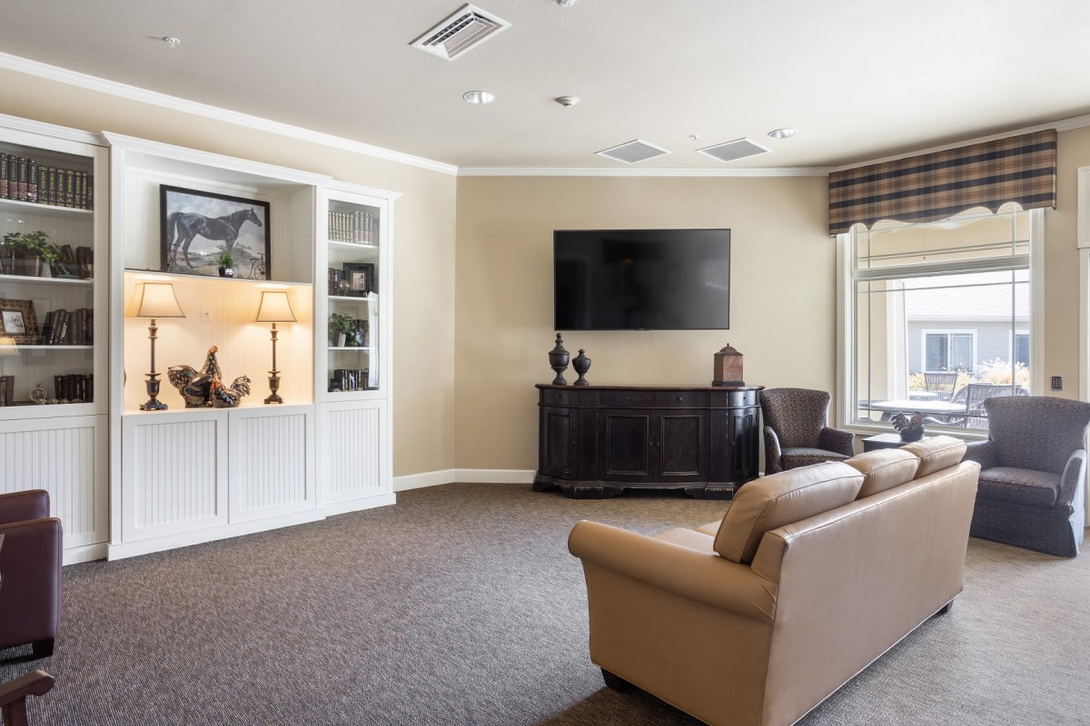 A modern living room featuring a large TV, comfortable sofas, and decorative shelving.