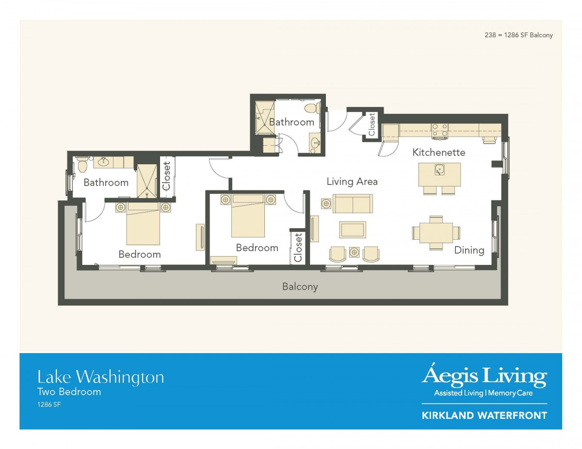 Floor plan of an apartment at Aegis Living, featuring two bedrooms, a living room, dining area, kitchen, bathrooms, and balcony.