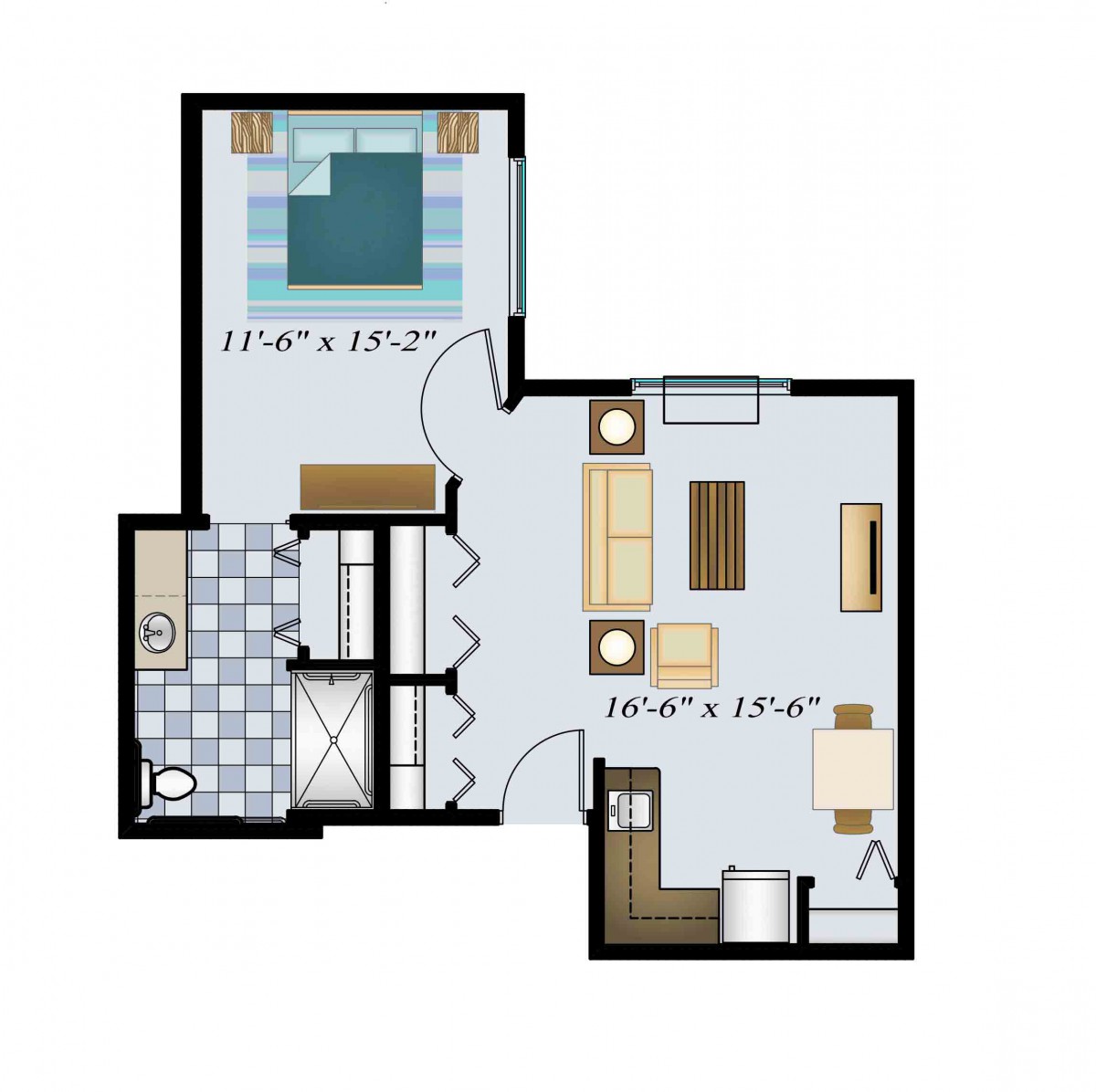 A floor plan of a one-bedroom apartment layout, including living room, bedroom, kitchen, and bathroom.