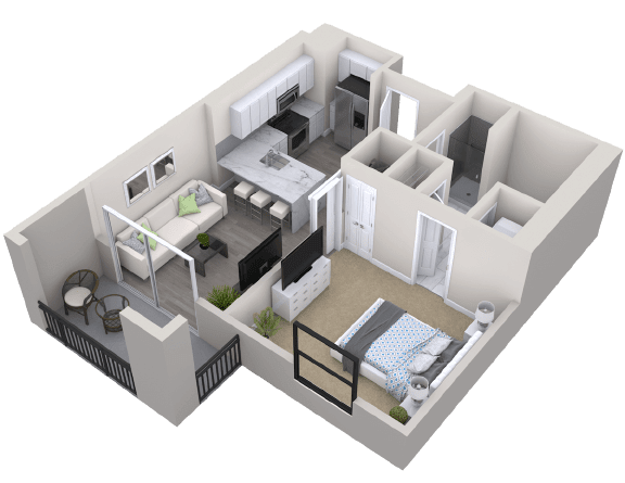 3D floor plan of a one-bedroom apartment featuring a kitchen, living room, and bedroom.