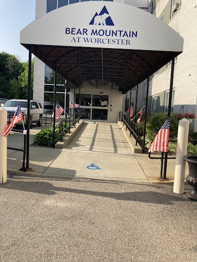 Entrance of the facility with American flags lining the pathway in Worcester.