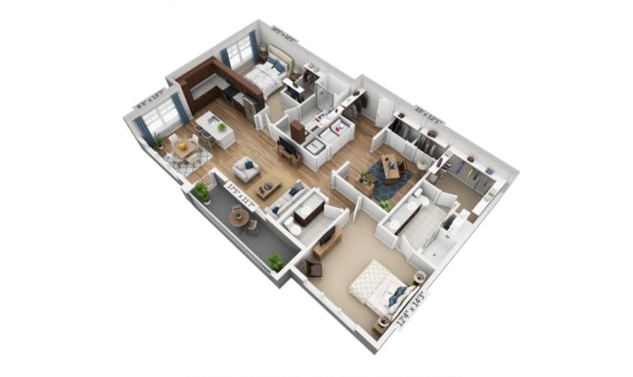 A 3D rendered floor plan of a residential apartment featuring multiple rooms and living spaces.