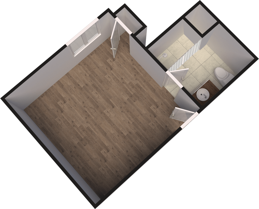 3D floor plan showing a room with wooden flooring and an attached bathroom.