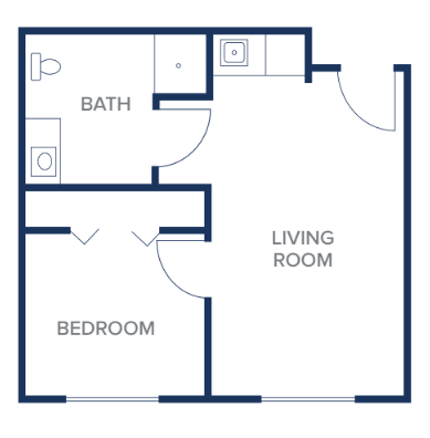 A simple floor plan of a one-bedroom apartment with a living room and bathroom.